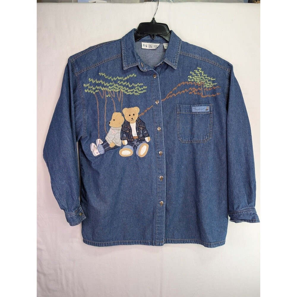 Vintage Together Denim Shirt With Teddy Bear Embroidery & Pocket Teachercore